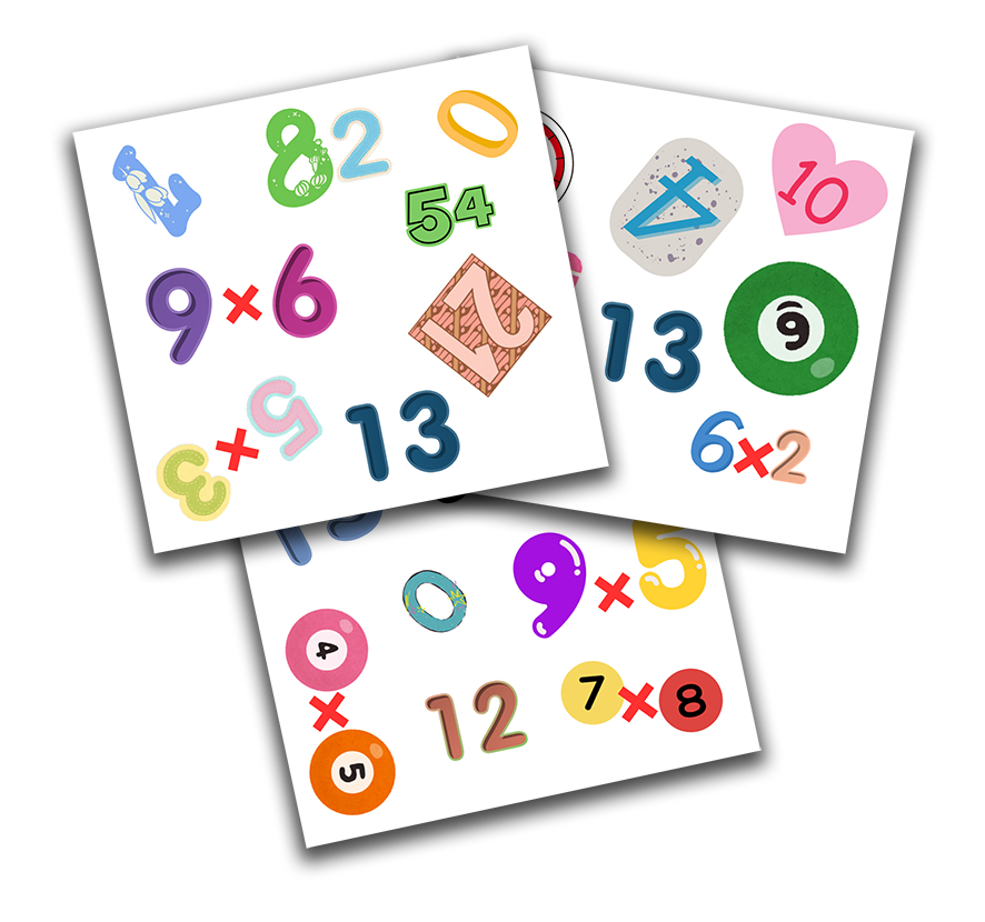 Gioco educativo MathMatch in stile Dobble per esercizi matematici con numeri e operazioni colorate, ideato per aiutare i bambini a migliorare le abilità di calcolo.